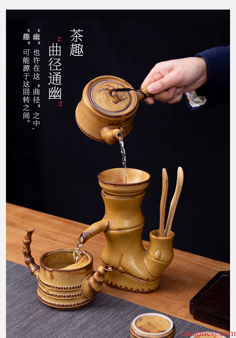 Blower, creative bamboo coarse pottery semi-automatic tea set ceramic hot lazy people make tea is proof of a complete set of household heat insulation