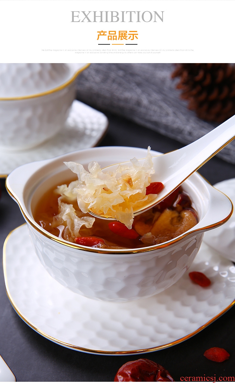 Bone China cup ears water cup stew stew bird's nest household size with cover steaming cup white bladder ceramic 2 people