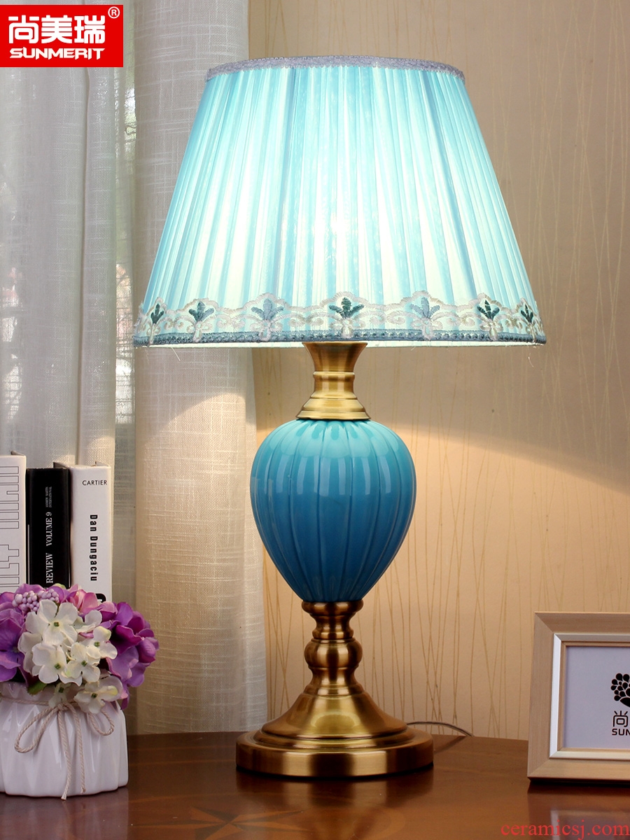 Villa hotel ceramic desk lamp european-style bedroom berth lamp example room sitting room of modern Chinese style blue north of the Mediterranean Sea