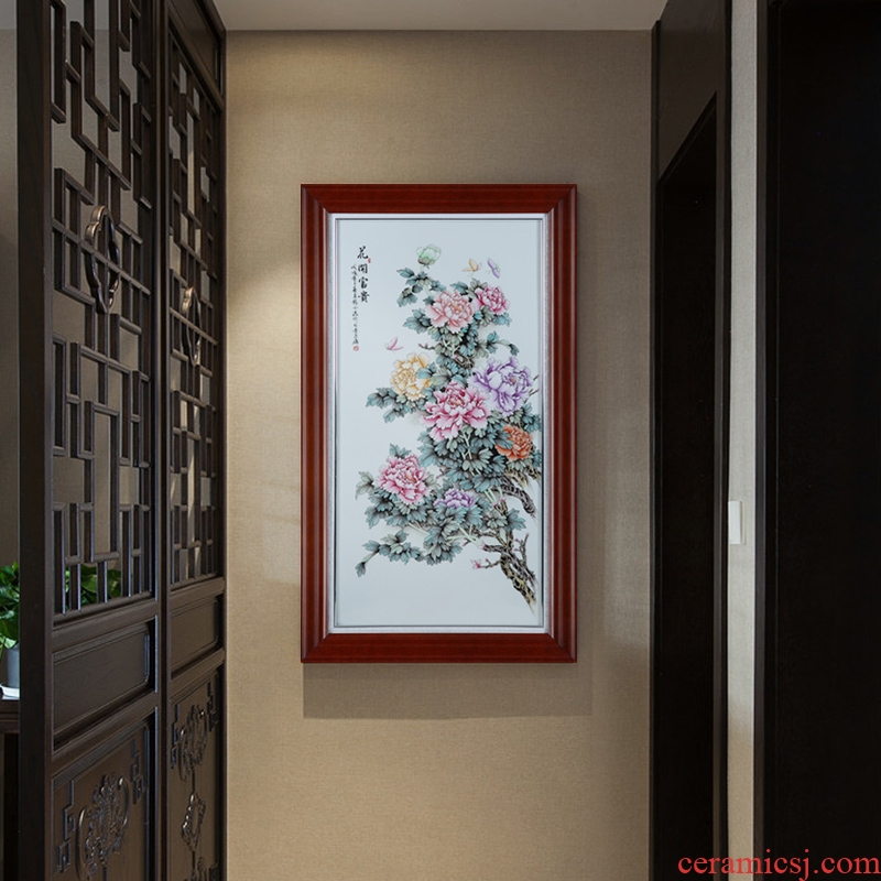 Jingdezhen ceramic porcelain plate painting masters famille rose porcelain painting peony is sitting room mural new Chinese style porch hang a picture