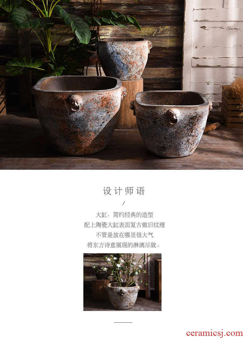 Old archaize ceramic extra large cylinder aquarium coarse pottery water lily flower bed hotel garden flowerpot retro big basin to plant trees