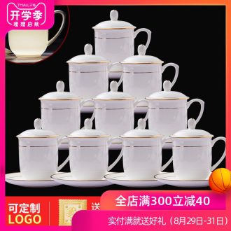 Jingdezhen ceramic tea set bone porcelain cup with cover hotel glass paint working meeting of domestic cup 10 only suits