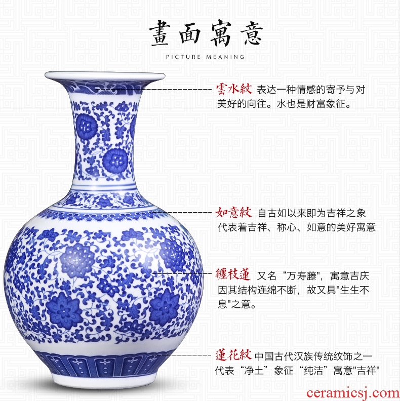 Jingdezhen ceramics antique blue and white porcelain vases, flower arranging new Chinese style living room decorations rich ancient frame furnishing articles