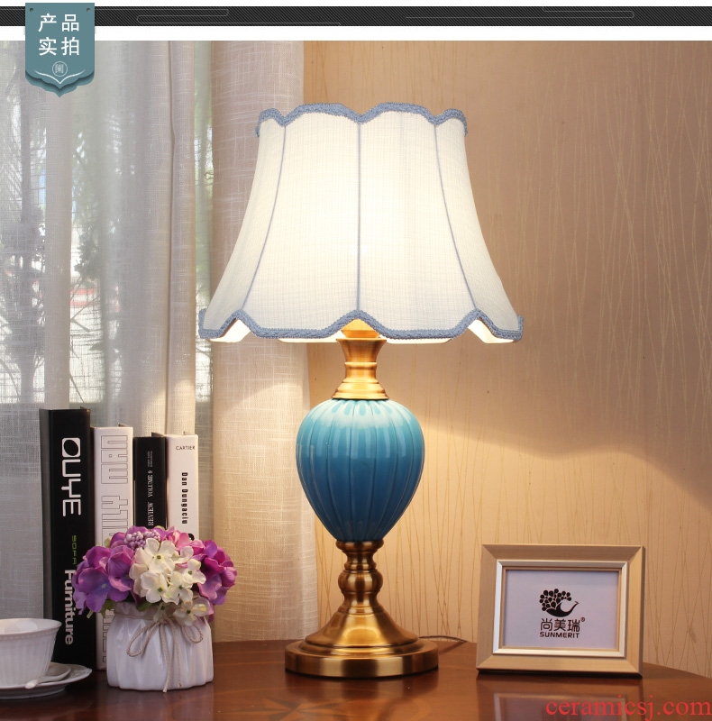 Villa hotel ceramic desk lamp european-style bedroom berth lamp example room sitting room of modern Chinese style blue north of the Mediterranean Sea