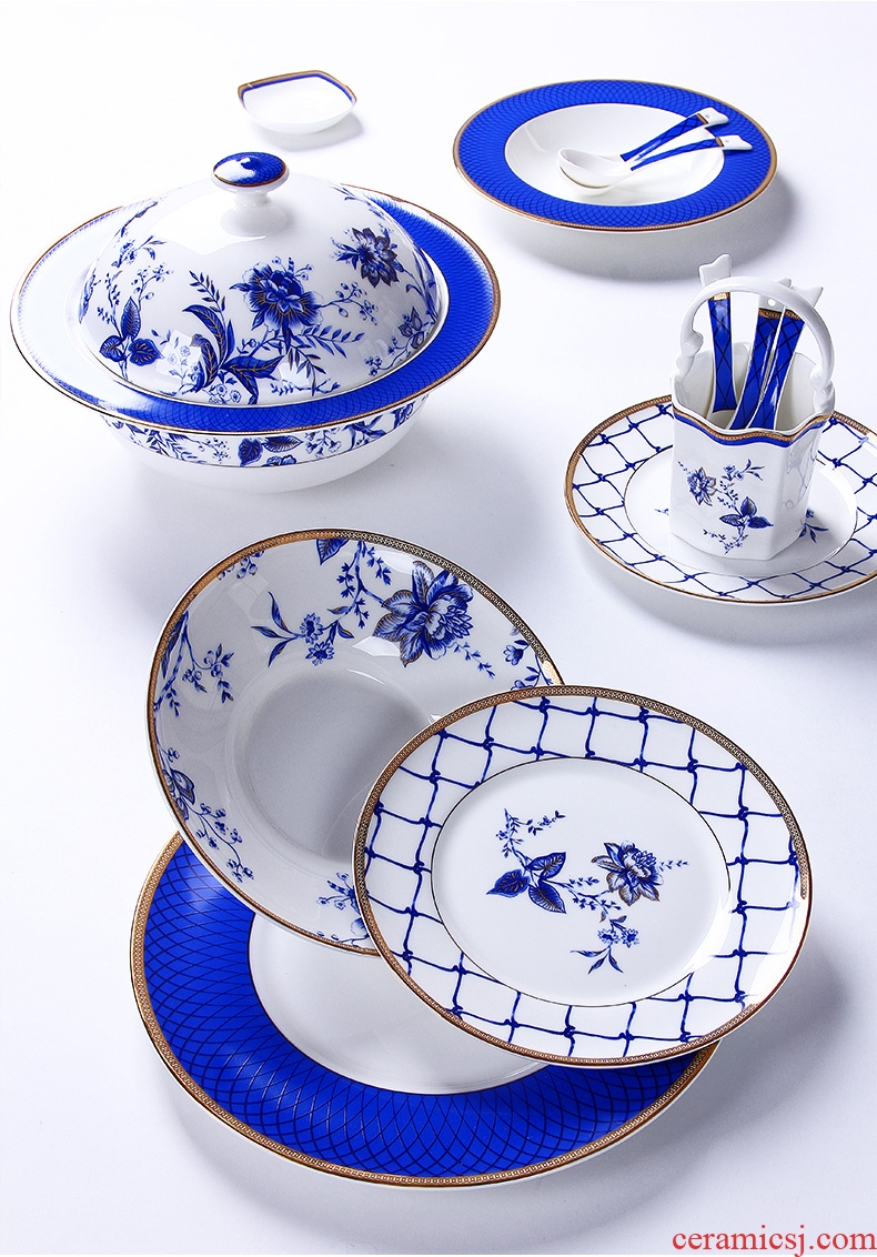 New Chinese blue and white porcelain bowls suit tangshan high-grade bone porcelain tableware ceramic dishes dishes suit household Chinese wind