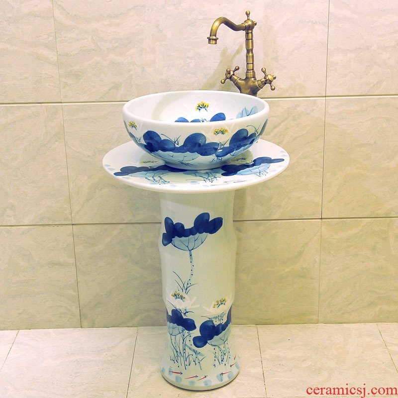 JingXiangLin health - blue and white basin pillar lavatory basin of jingdezhen ceramic face basin three-piece & ndash; Blue lotus
