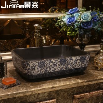 JingYan son back to the blue and white porcelain art stage basin rectangle ceramic lavatory basin on restoring ancient ways is the sink