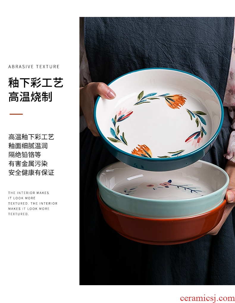 Japanese hand-painted creative web celebrity home large ceramic dish dish plate western soup plate round deep dish dish