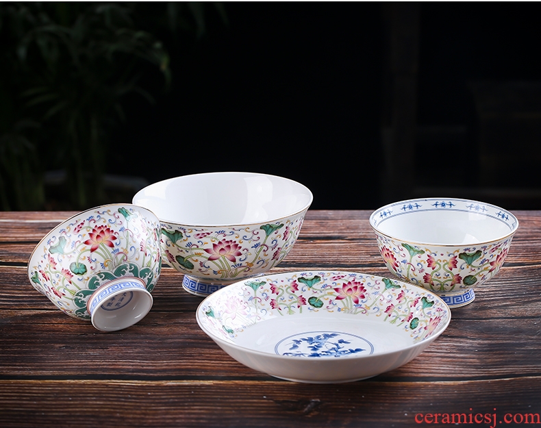 Jingdezhen ceramic single rice bowls of porridge bowl of domestic large bowl of archaize colored enamel craft bone porcelain tableware noodles in soup bowl