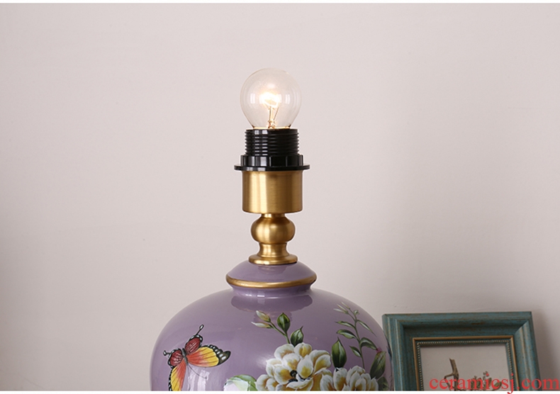 American desk lamp light new Chinese style of bedroom the head of a bed European rural marriage room painted flowers and birds remote control all copper ceramic lamp