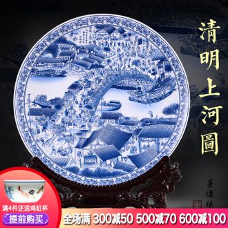 Hang dish of blue and white porcelain of jingdezhen ceramics decoration plate qingming scroll of Chinese style furnishing articles large living room