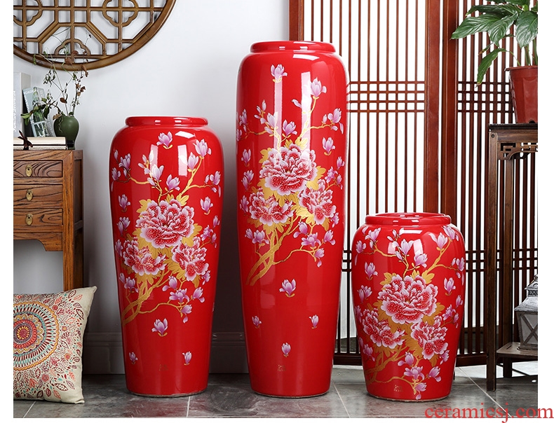 Jingdezhen big red ceramic floor vase three-piece suit contemporary household housewarming gift sitting room adornment is placed