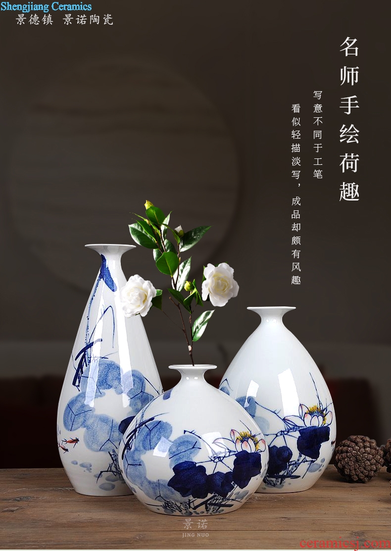 Jingdezhen ceramics hand-painted vases, green lotus three-piece home furnishing articles decorative arts and crafts flower arrangement sitting room decoration
