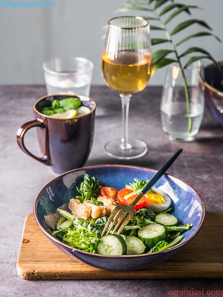 Eat dishes with a single job simple retro ceramic tableware Nordic japanese-style flat soup bowl combination salad bowl