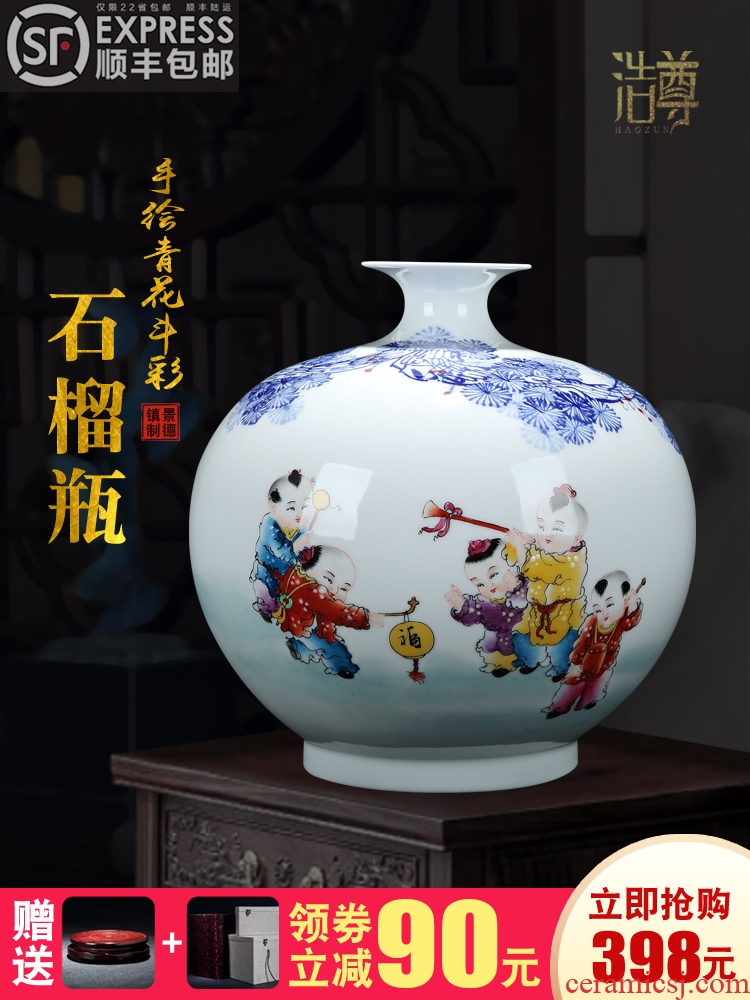 Jingdezhen blue and white porcelain ceramics craft vase flower arranging archaize sitting room of Chinese style decorates porch rich ancient frame furnishing articles