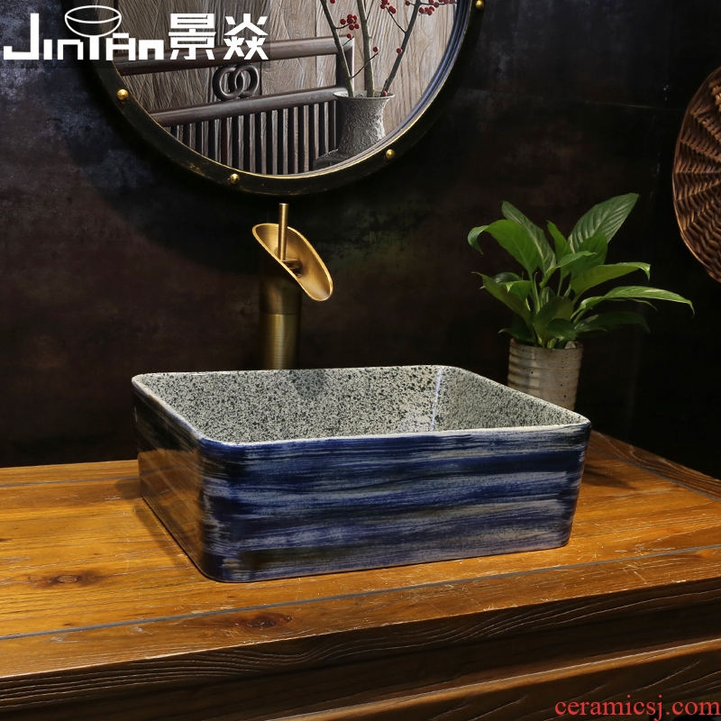 JingYan blue ink tattoo art stage basin of small square ceramic lavatory small size Chinese style on the sink