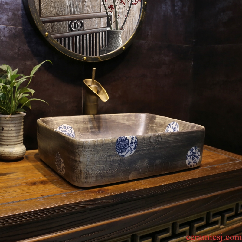 JingYan Chinese blue and white porcelain art stage basin rectangle ceramic lavatory restoring ancient ways of household archaize sink basin