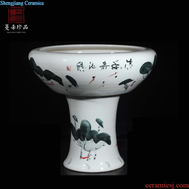 Jingdezhen hand-painted lotus high tank high ceramic water shallow cylinder courtyard sitting room balcony goldfish bowl