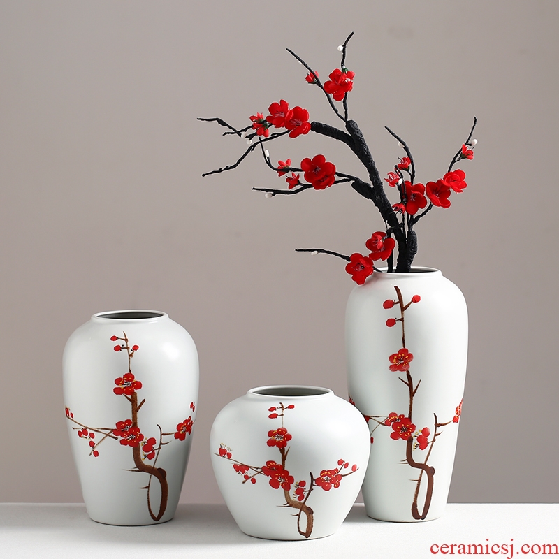Ceramic furnishing articles sitting room TV cabinet dry flower flower arranging Chinese hand-painted plum three-piece combination floor vase flowerpot
