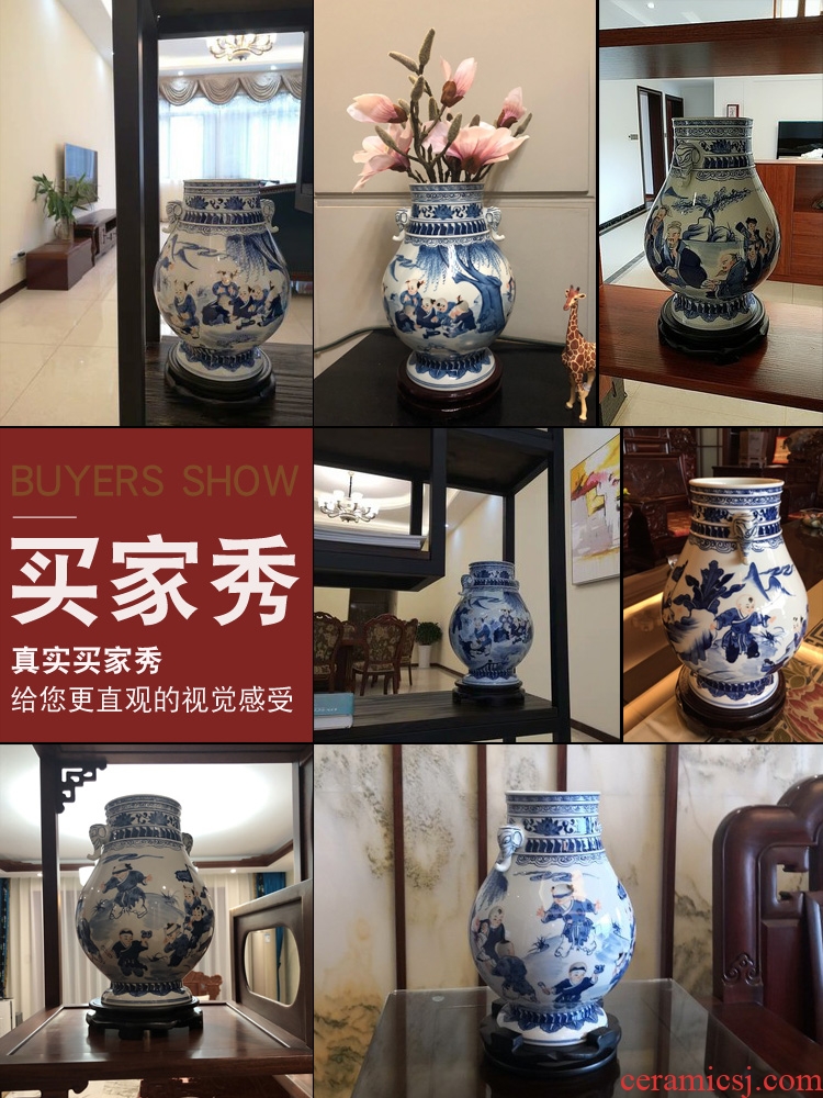 Jingdezhen ceramics furnishing articles antique Chinese style living room large blue and white porcelain vase flower arranging rich ancient frame decorative arts and crafts