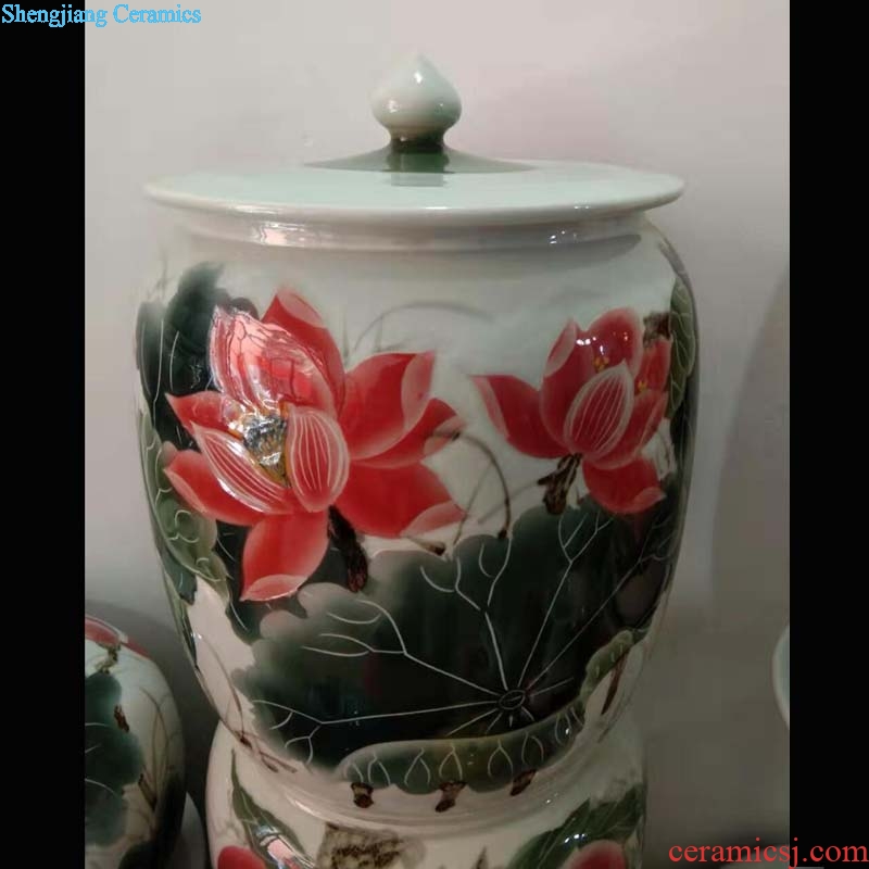 Jingdezhen hand-painted xiantao porcelain rice pot bright red porcelain decorative vegetable oil tea oil porcelain pot xiantao lotus