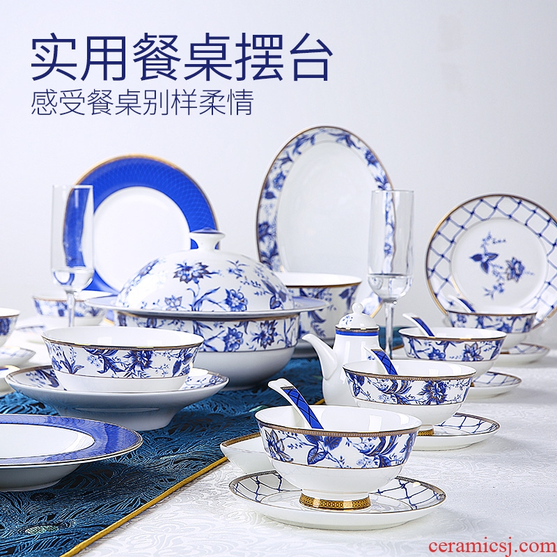 New Chinese blue and white porcelain bowls suit tangshan high-grade bone porcelain tableware ceramic dishes dishes suit household Chinese wind