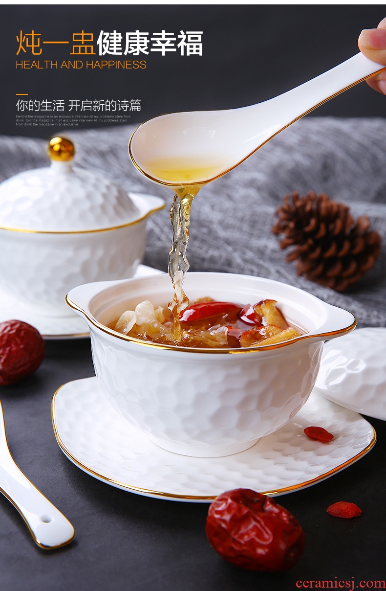 Bone China cup ears water cup stew stew bird's nest household size with cover steaming cup white bladder ceramic 2 people