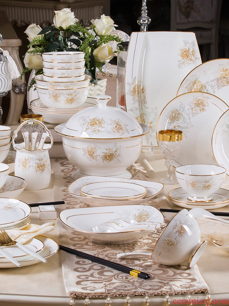 The dishes suit household jingdezhen ceramic tableware suit European dishes ceramic bowl chopsticks plate combination