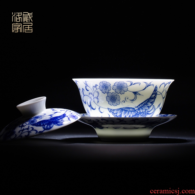 Blower, jingdezhen blue and white porcelain tea set suits home a whole set of kung fu tea set contracted lid bowl and cups of tea cups