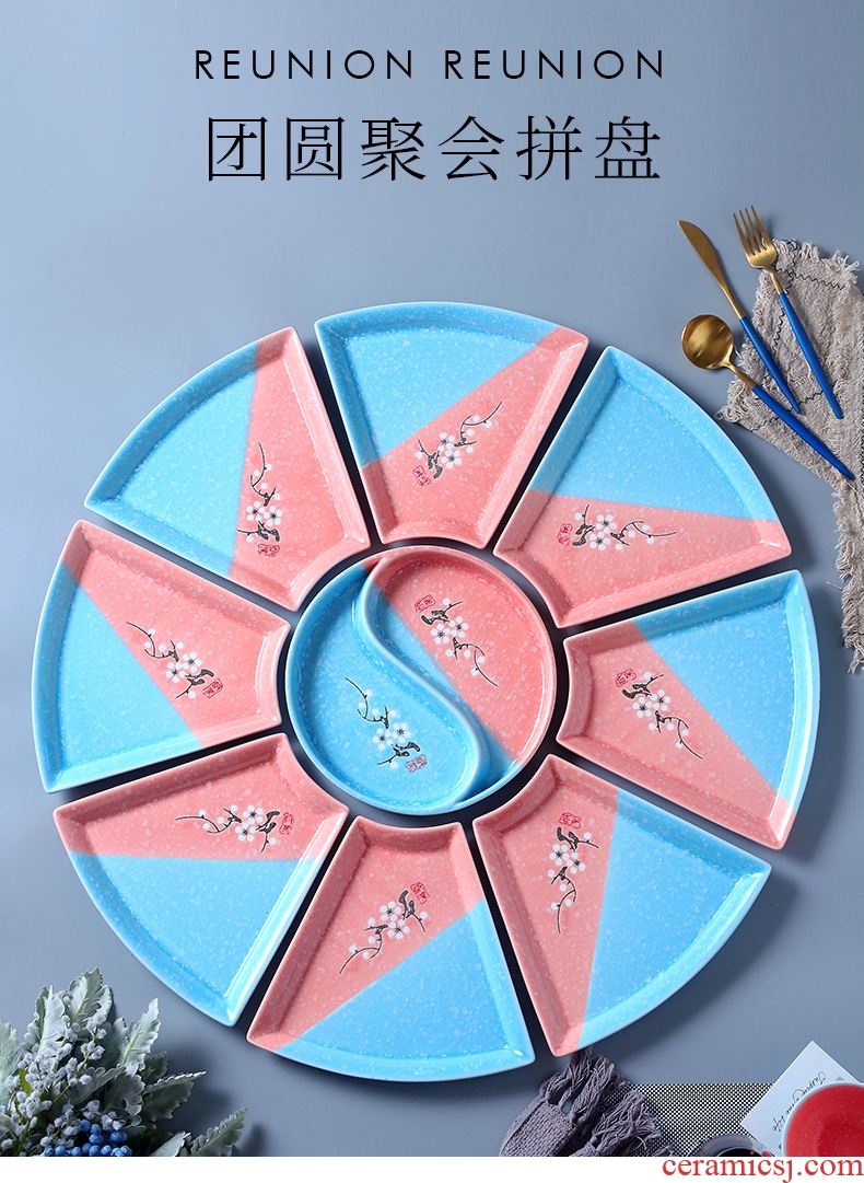 Ceramic household 0 round fan the creative dishes seafood hot pot dinner platter cutlery set combination
