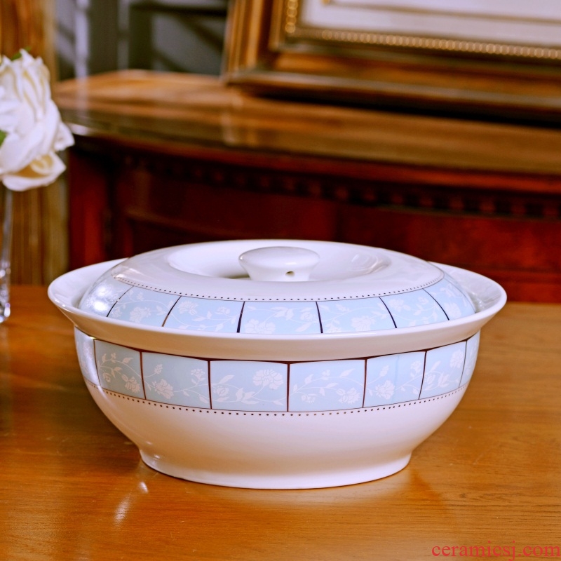 Jingdezhen ceramic soup pot with cover household soup bowl round pot dishes suit household 9 inches large soup bowl