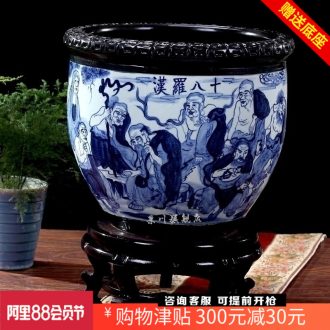 Jingdezhen ceramics goldfish bowl water lily freehand brushwork figure 18 arhats cylinder cylinder tortoise home decoration furnishing articles
