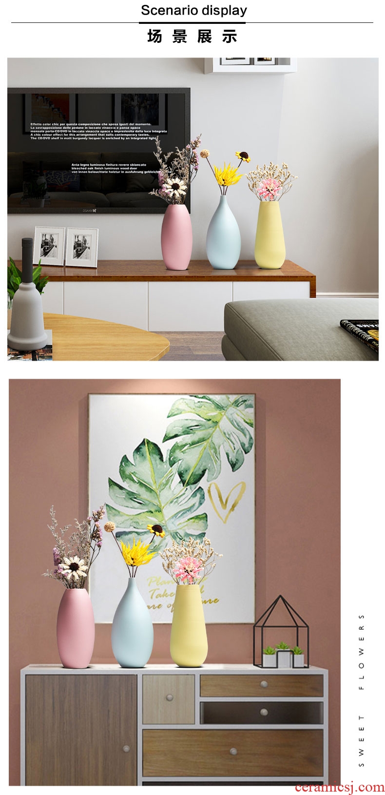 Craft ceramics dried flower vase furnishing articles flower arranging small pure and fresh and contracted and contemporary sitting room TV cabinet table decorations