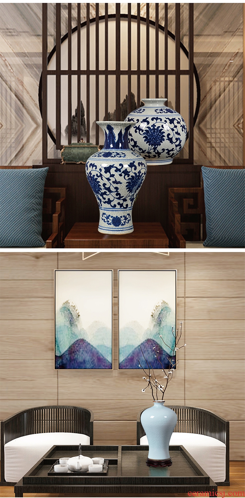Archaize of jingdezhen ceramics kiln blue and white porcelain vases, flower arrangement of Chinese style classical home sitting room adornment is placed