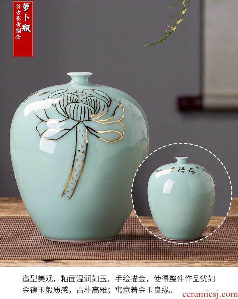 Jingdezhen ceramics famous paint shadow green lotus flower bottles of new Chinese style living room decorations rich ancient frame furnishing articles