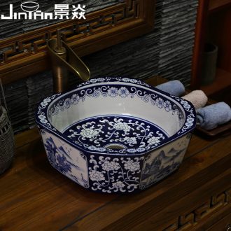 JingYan Chinese art on the stage of blue and white porcelain basin jingdezhen ceramic lavatory household toilet lavabo on stage