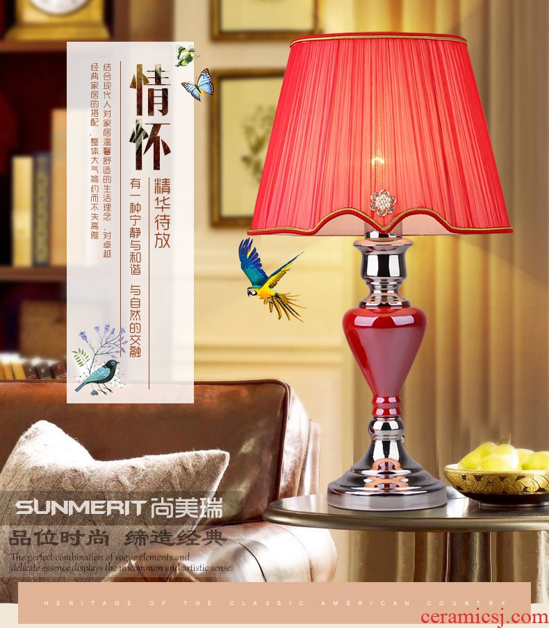 American simple desk lamp light red wedding anniversary of bedroom the head of a bed warm sitting room hotel room decoration ceramic restoring ancient ways