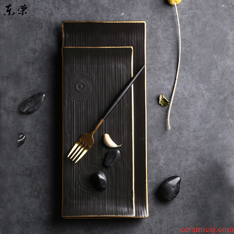 Household ceramics rectangle sashimi dish creative black plate sushi plate plate strip cold new Chinese style hotel