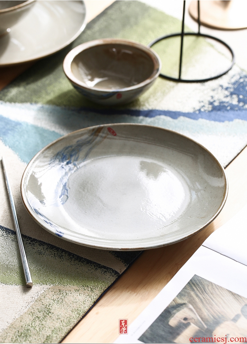 Coarse ceramic tableware dish dish dish dish hand-painted beefsteak dish japanese-style flat retro ceramic plate deep dish for breakfast