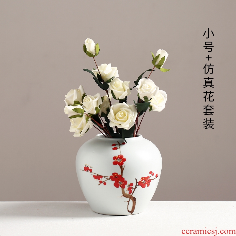 Ceramic furnishing articles sitting room TV cabinet dry flower flower arranging Chinese hand-painted plum three-piece combination floor vase flowerpot