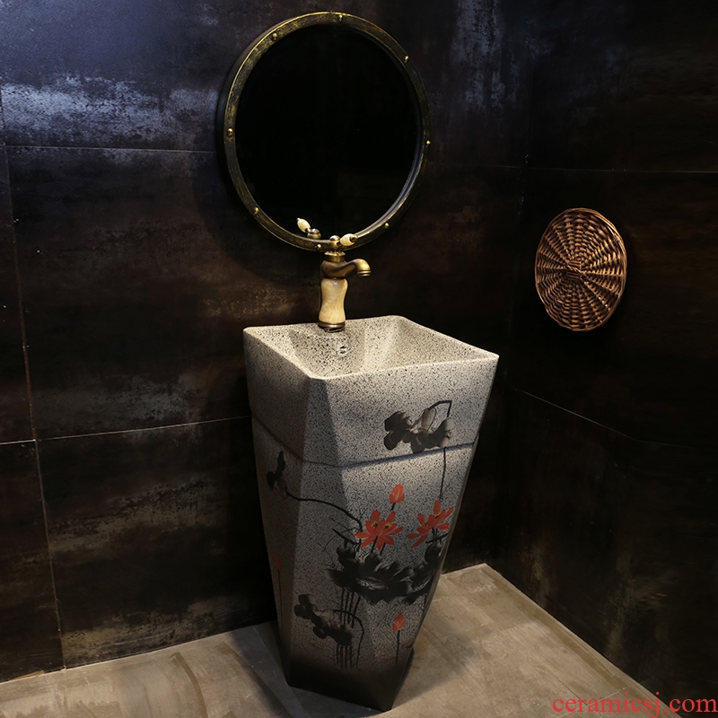 JingYan ink lotus flower art pillar basin floor ceramic lavatory vertical integrated basin of Chinese style sink