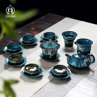 DH jingdezhen kung fu tea set suit household creative kiln small glass ceramic cups tureen teapot