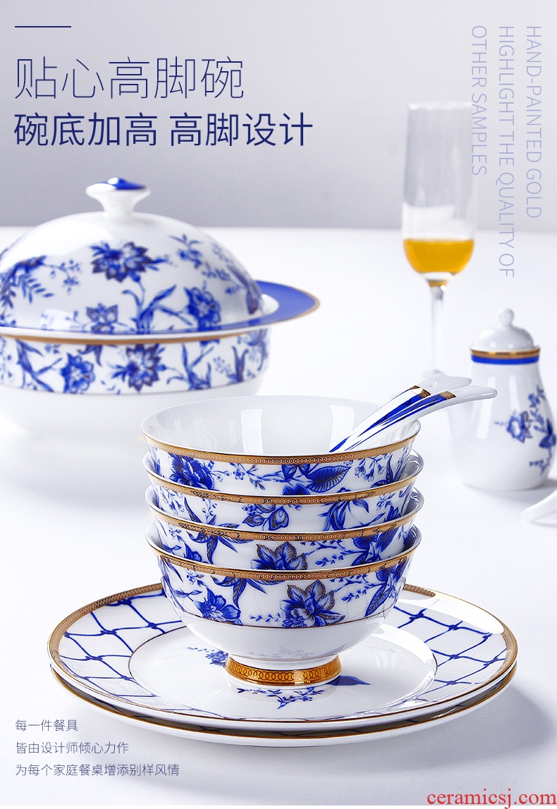 New Chinese blue and white porcelain bowls suit tangshan high-grade bone porcelain tableware ceramic dishes dishes suit household Chinese wind