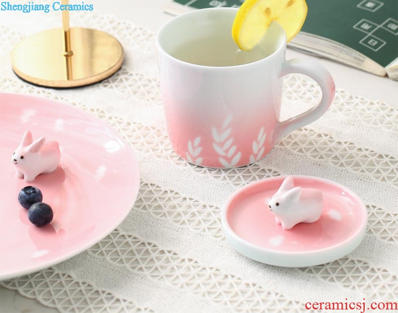 Creative mugs ceramic coffee cup with cover spoon plate pink girl heart Japanese cartoon breakfast cup for healing