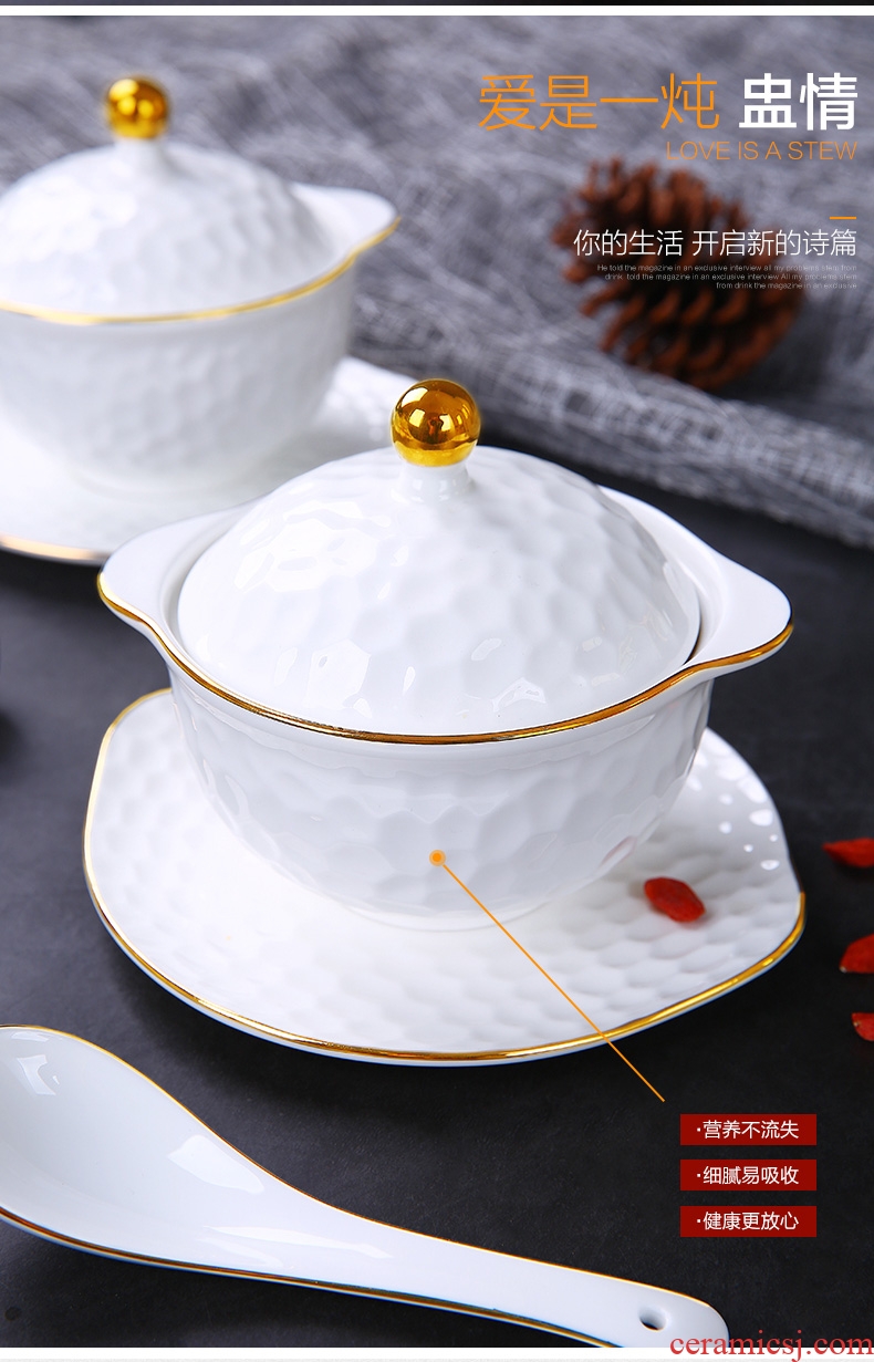 Bone China cup ears water cup stew stew bird's nest household size with cover steaming cup white bladder ceramic 2 people