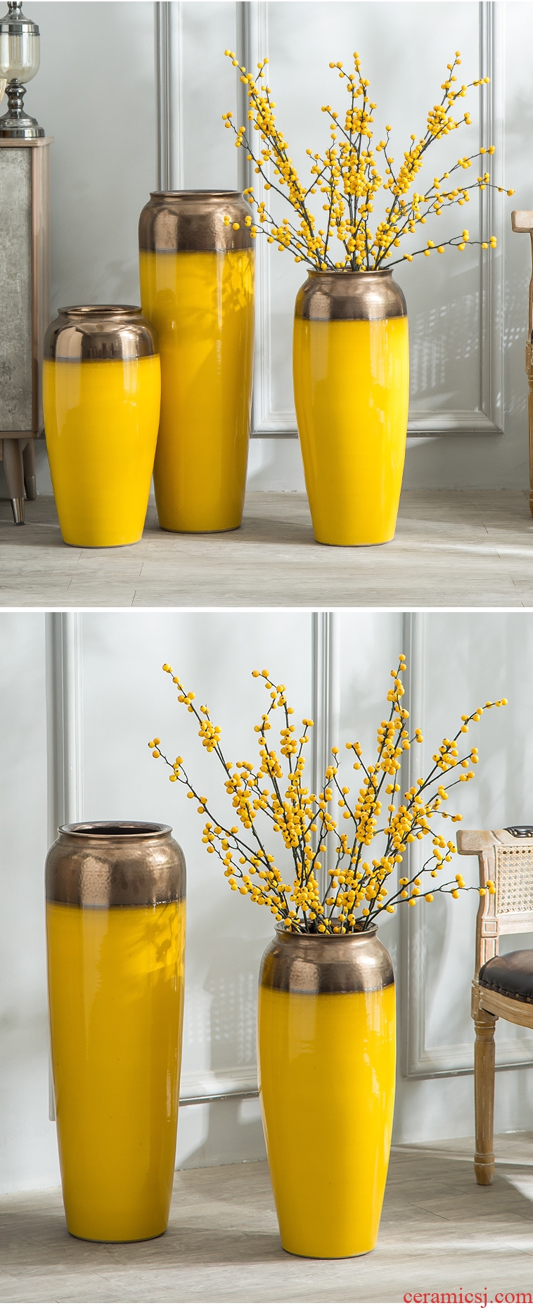 Jingdezhen ceramic floor big vase Nordic modern living room, large villa hotel furnishing articles yellow flower arranging decoration