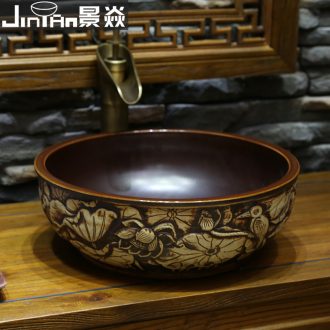 JingYan fly egret carving art stage basin of Chinese style of archaize ceramic lavabo lavatory restoring ancient ways round the stage