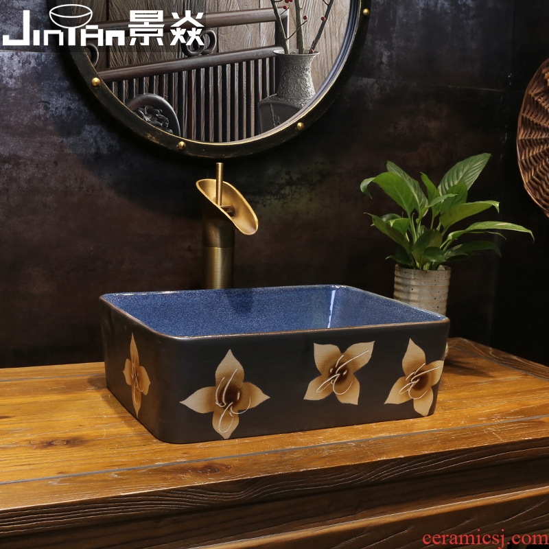 JingYan pearl flower small art stage basin rectangle ceramic lavatory small size Chinese style on the sink