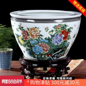 Jingdezhen ceramics powder enamel peony goldfish bowl lotus lotus cylinder cylinder cylinder tortoise home decoration big furnishing articles
