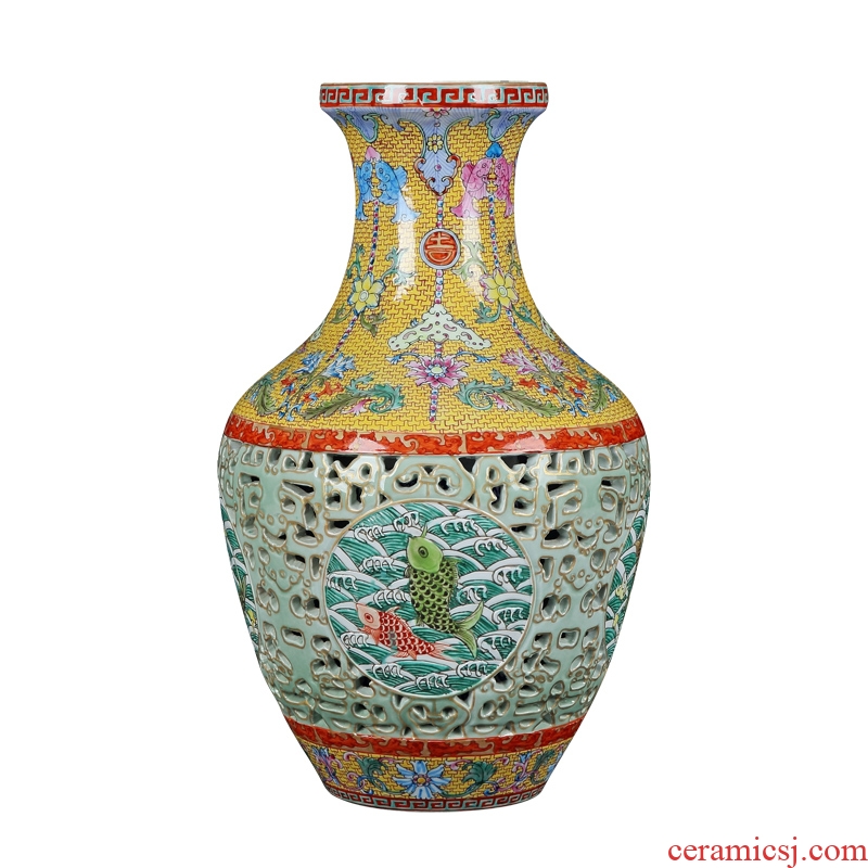Jingdezhen ceramics vase furnishing articles creative gift of antique hand-painted pastel color porcelain enamel hollow out classical household